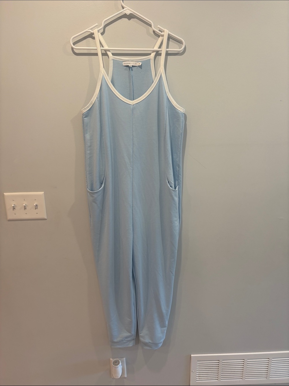 Sincerely Jules Light Blue V-Neck Jumpsuit with White Trim ptp 20 length 54